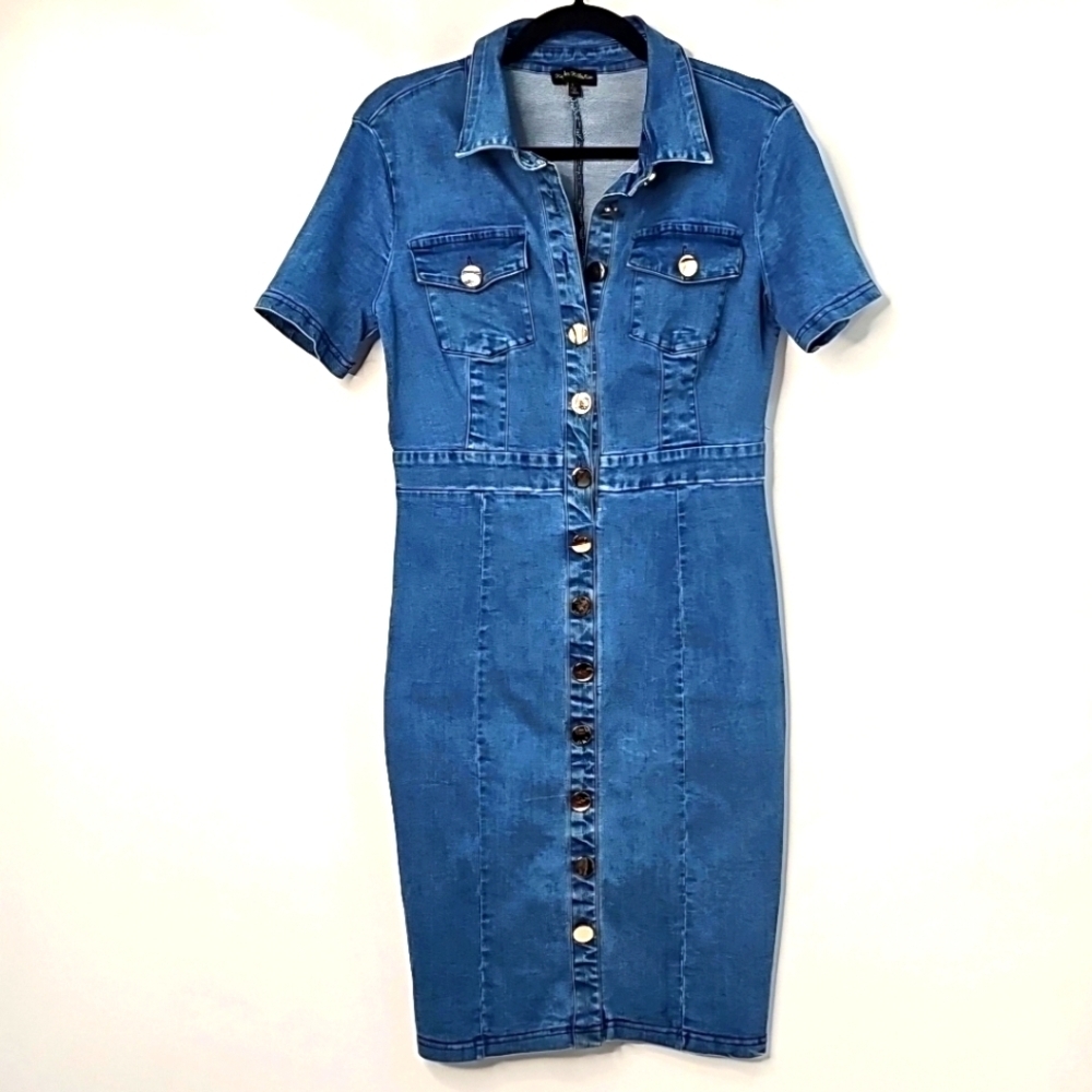 Kaylee Kollection Blue Jean Stretchy Short Sleeve Shirt‎ Dress Top Unbuttons